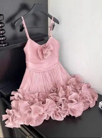Sweet Pink Ruffled A-Line Spaghetti Straps Corset Mini Party Dress Homecoming Dress RS448