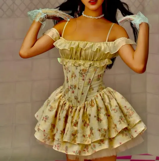 Retro Tiered Floral Women's Homecoming Dress Yellow Corset Short Prom Gown Birthday Dress RS3173