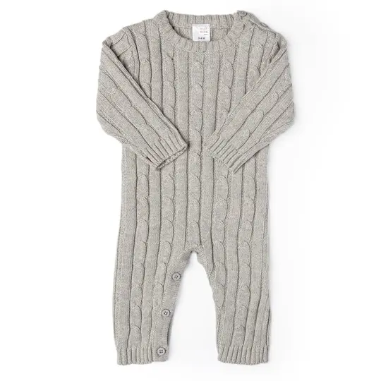 Baby Mode Signature Baby Boys and Baby Girls Long Sleeved Gray Cable Knit Romper, 3-6M