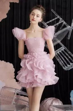 Chanel-inspired Pale Pink A-Line Square Mini Women Dress with Organza Skirt Birthday Dress Evening Dress RS071