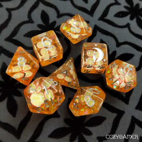 Orange Fruit Slice DnD Dice Set, 8 Pieces with Cat Wizard D6