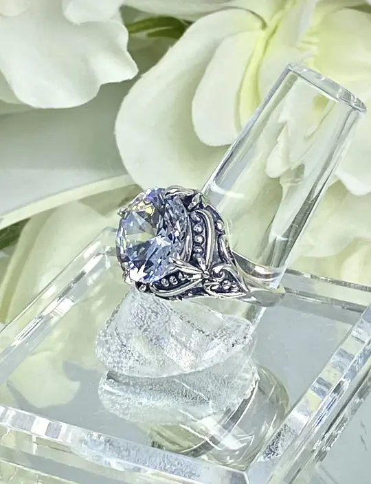 6ct White CZ Ring, Size 7, Victorian Filigree, Round Cut Orb Design, D82 - Ready to Ship