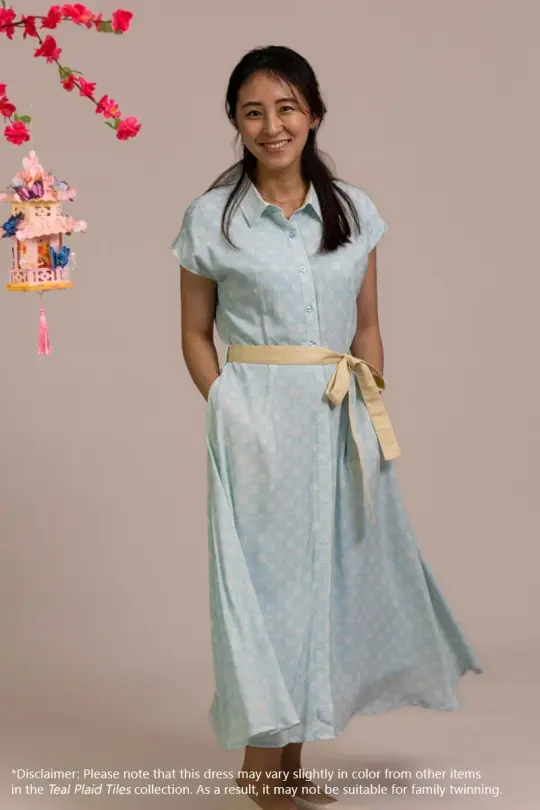 Ladies Shirly Dress - Teal Plaid Tiles