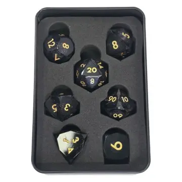Onyx black liquid core gem cut resin DnD dice set with gold numbers in a Project Kirtrite metal tin