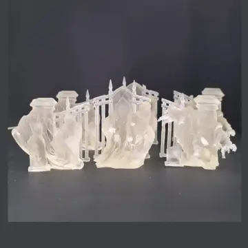 Unpainted 32mm clear resin 3D-printed hooded ghost spirit hosts among graveyard gates and headstones, tabletop wargame and RPG miniature for D&D, Pathfinder and rank and flank armies