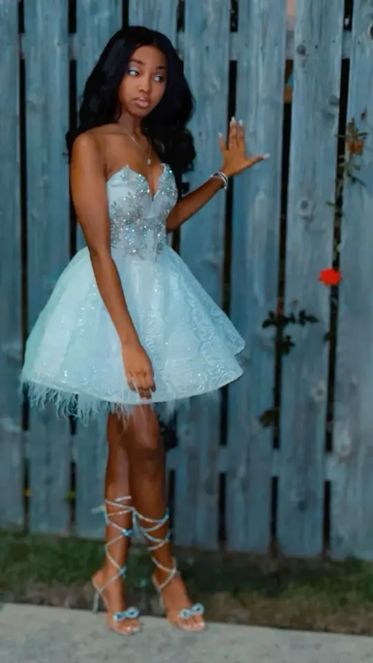 Sweet Pale Blue A-Line Strapless Beaded and Applique Bodycon Mini Dress Homecoming Dress RS187