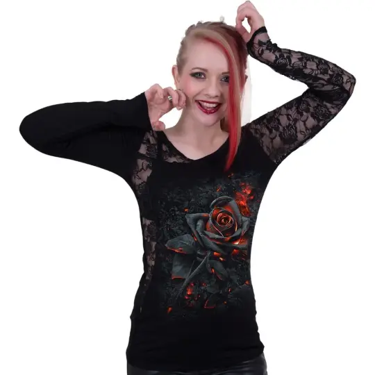 BURNT ROSE Lace One Shoulder Top Black - Gothic Lace Top