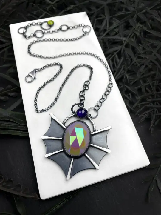 Vintage Glass & Amethyst Bat Statement Necklace
