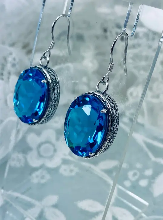 Swiss Blue Earrings, Oval Gemstones, Victorian style Filigree, Persian Design E230