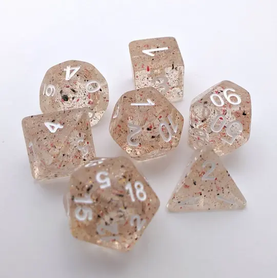 Little Stars Dice Set – 7-Piece Translucent Golden Glitter Red Black Particles