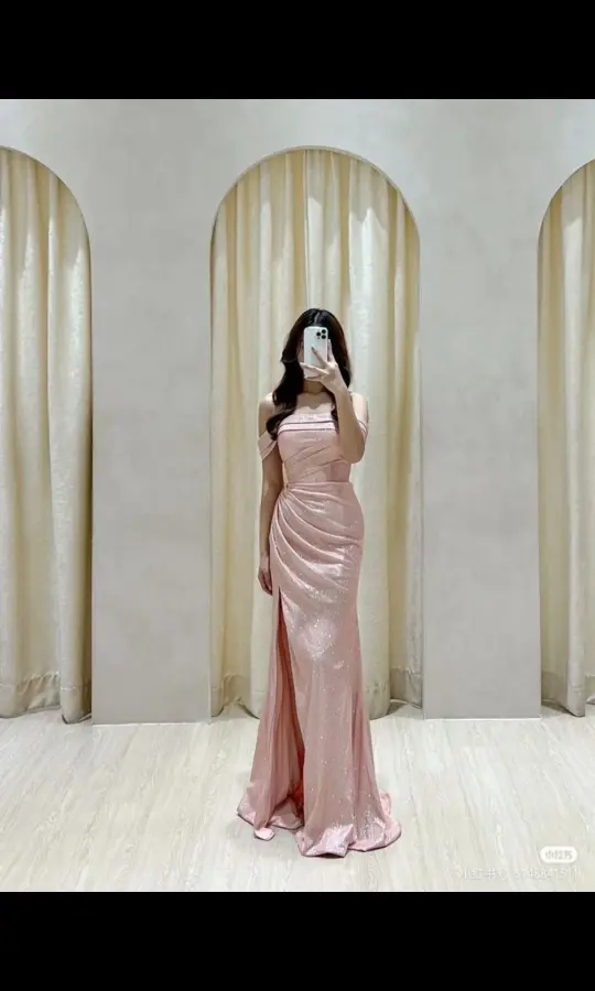 Cute Pink Sheath Off-the-shoulder Dress with High-slit Party Dress Coctail Dress RS025