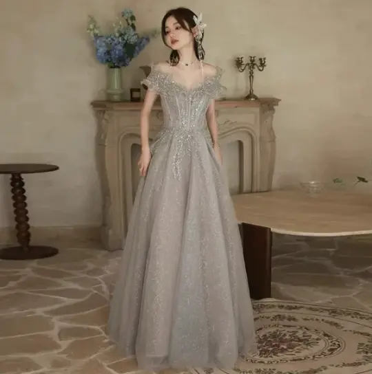 Sequins Tulle Glitter Corset Prom Gown , Sparkly Sliver Women's Maxi Evening Dress RS2373