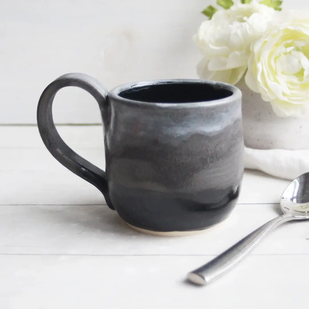 Handcrafted Pottery Mug in Black and Charcoal Glazes, 14 oz. Made in USA