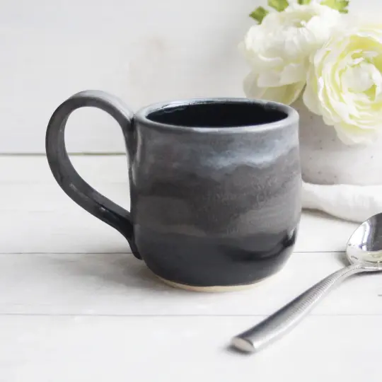 Handcrafted Pottery Mug in Black and Charcoal Glazes, 14 oz. Made in USA