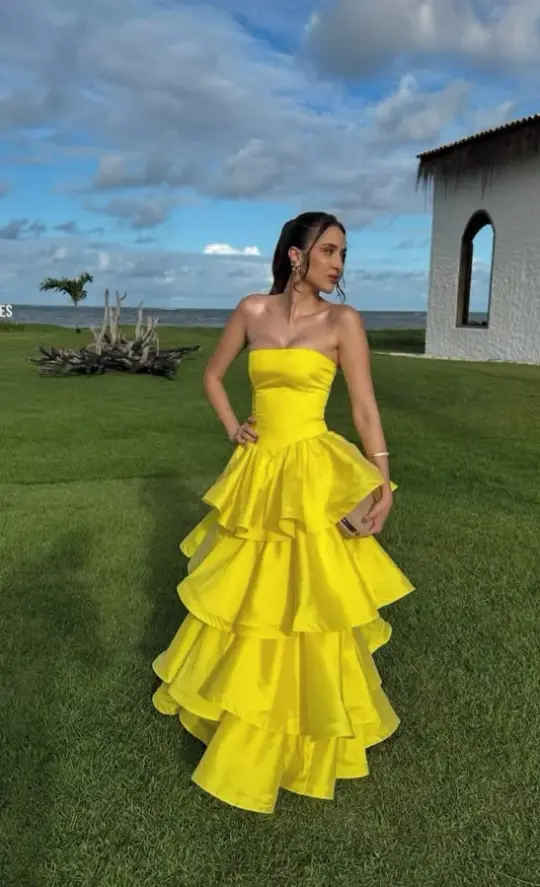 Ruffled Silky Corset Prom Gown , Yellow Vibrant Women's Maxi Evening Dress Birthday Dress RS2587