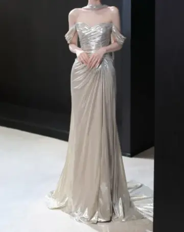 Slim Mermaid Silky Prom Gown , Sliver Women's Maxi Evening Dress Ball Gown RS2721