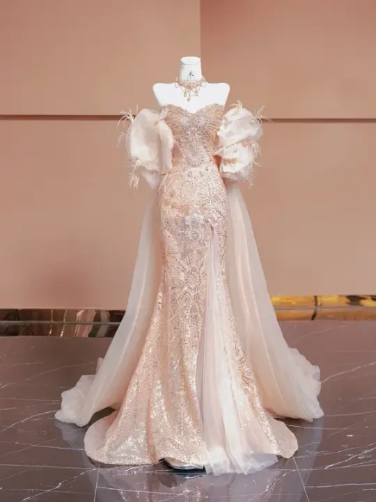 Light pink strapless fitted sequined long ball gown, bridal dress R8357