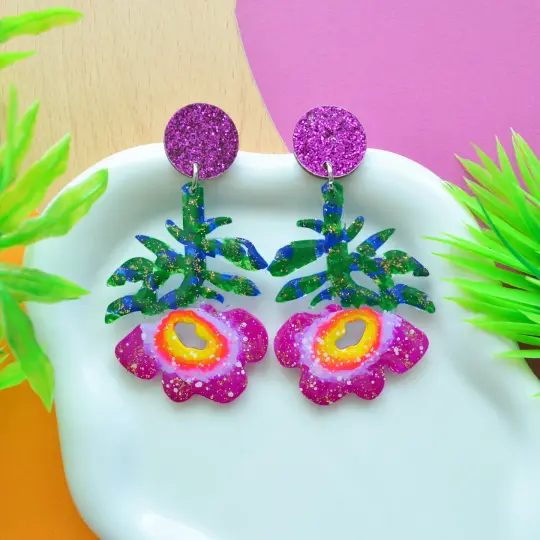 Purple Flower Resin Glitter Acrylic Earrings, Laser Cut Jewelry
