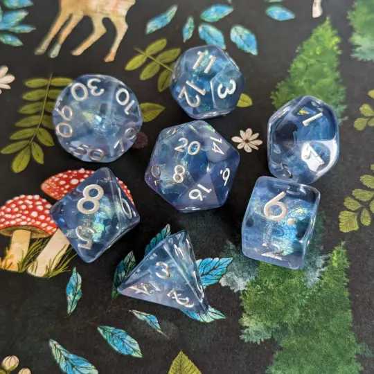 Blue Frost Dice Set – 7-Piece Iridescent Glitter Ice DnD Dice