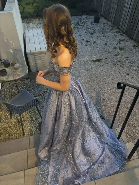Sparkly Satin Silky Embroidered Prom Gown Navy Women's Maxi Birthday Dress Evening Dress RS2967