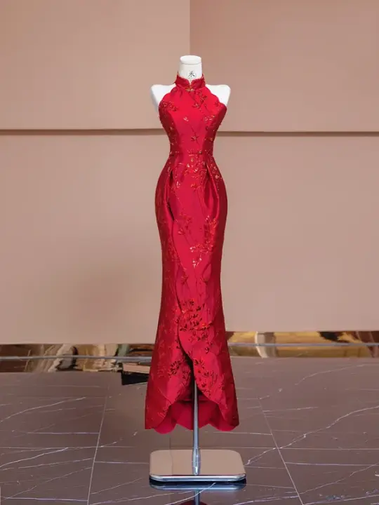 Red sleeveless fitted waist slim-fitting Chinese-style sexy and elegant ball gown/bridal dress R8339