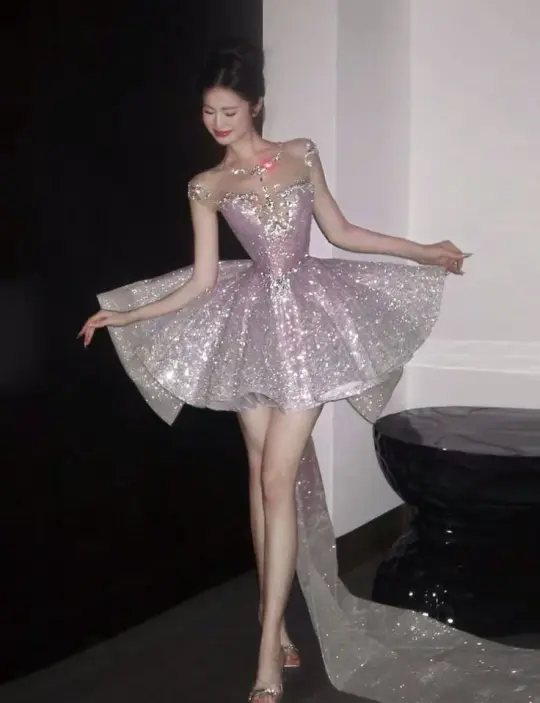 Sparkling suspenders waist puffy skirt princess dress homecoming dress R3639