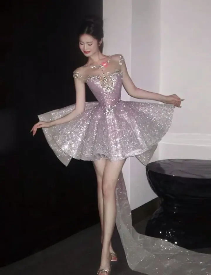 Sparkling suspenders waist puffy skirt princess dress homecoming dress R3639