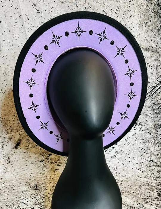 Lavender Black Starburst Vegan Felt Wide Brim Hat