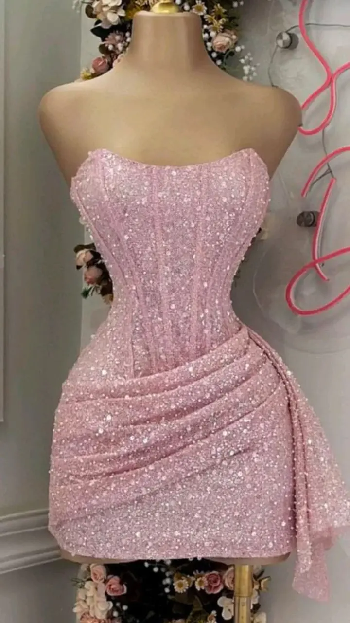 Pink sequined tube top waist slimming A-line princess skirt homecoming dress R3369