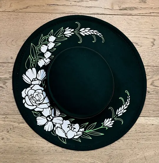 Emerald Floral Crescent Moon Vegan Felt Flat Top Hat