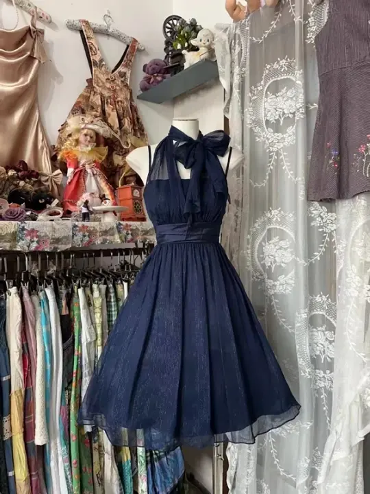 Navy Blue Halter Neck Waist-Cinched Full Skirt Ball Gown R7425