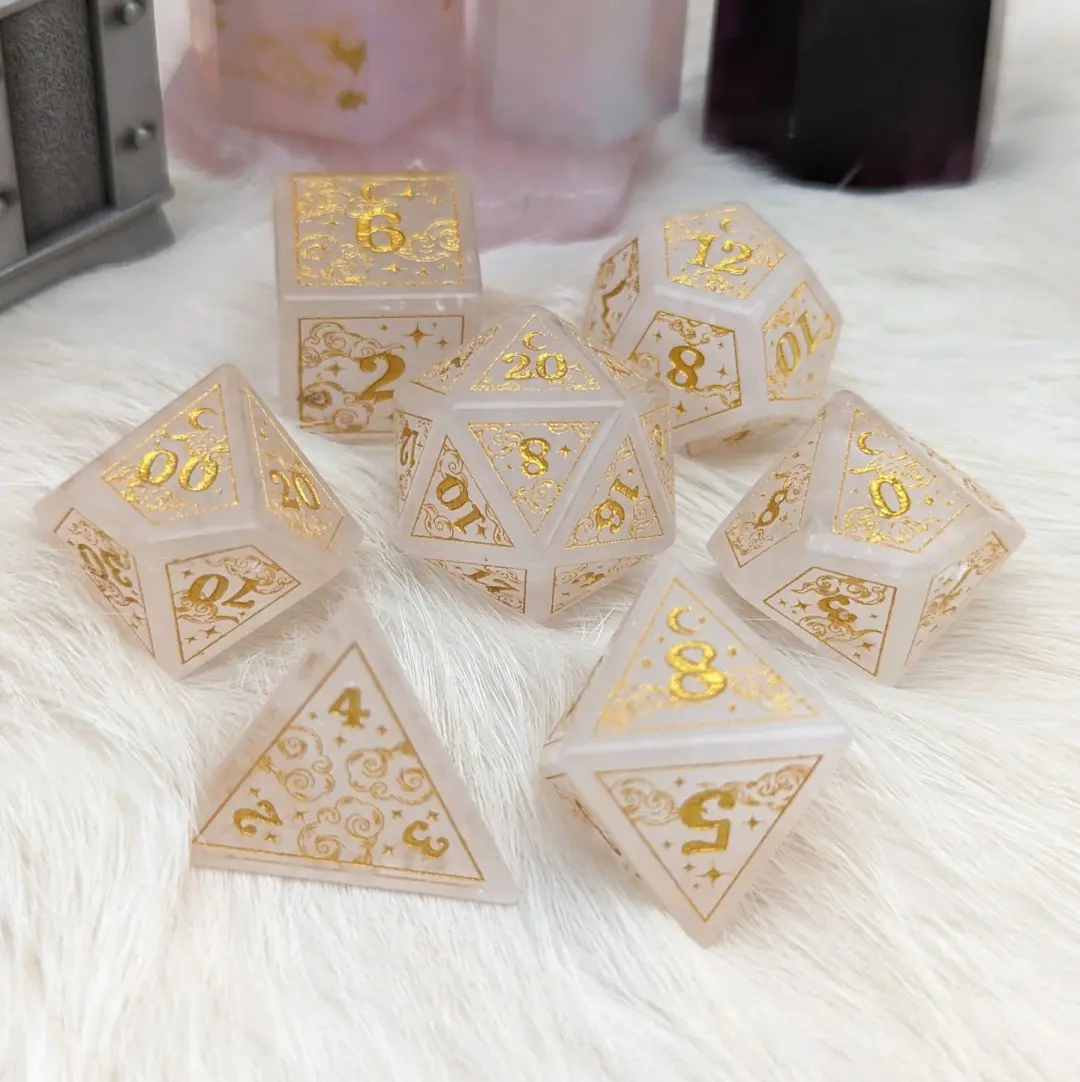 Dreamy Quartz Dice Set – Cloud and Moon Engraved Gemstone DnD Dice with Gold Font | Fennek & Finch
