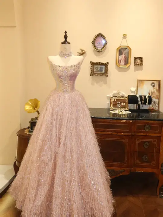 Pink strapless rhinestone fitted long wedding dress R6589