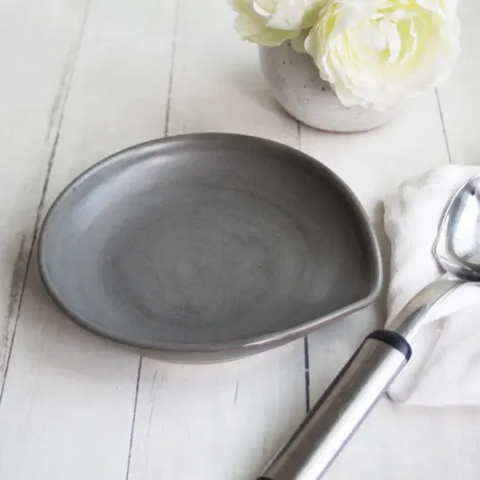 Large Satin Gray Spoon Rest, Handmade Pottery Spoon Holder, Made in USA