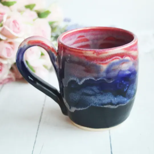 Pink, Red and Dark Blue and Black Pottery Mug, 14 Ounce Coffee Cup, Made in USA
