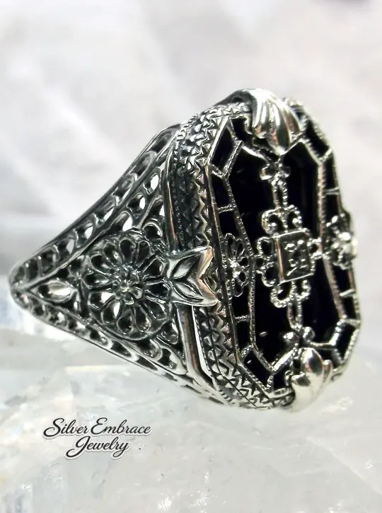 Black Camphor Glass Ring, Size 6, Black Onyx Camphor Glass & Inset gem, Art Deco Jewelry #D203 - Ready to Ship
