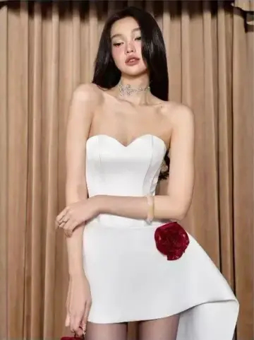 White tube top waist temperament irregular charming skirt short skirt homecoming dress R4809