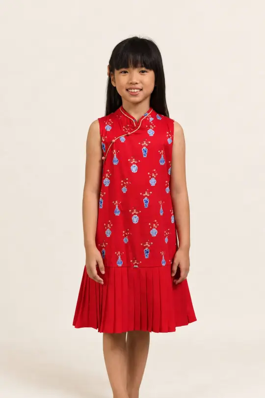 Drop Waist Cheongsam - Red Vases
