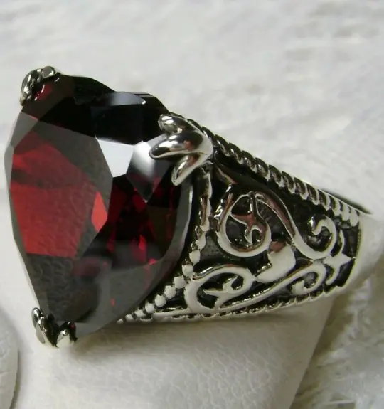 Garnet CZ Ring, Size 8.5, Heart Gem, Gothic Filigree Jewelry #D132 - Ready to Ship