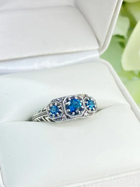 Natural London Blue Topaz Ring, Size 8, Art Deco Jewelry #D161 - Ready to Ship