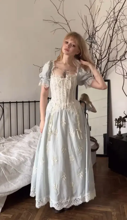 Pretty Lace Decor Women's Prom Gown Pale Blue Waist Fitted Maxi Evening Dress Birthday Dress — Fall Outfit 2026 New  RS3332