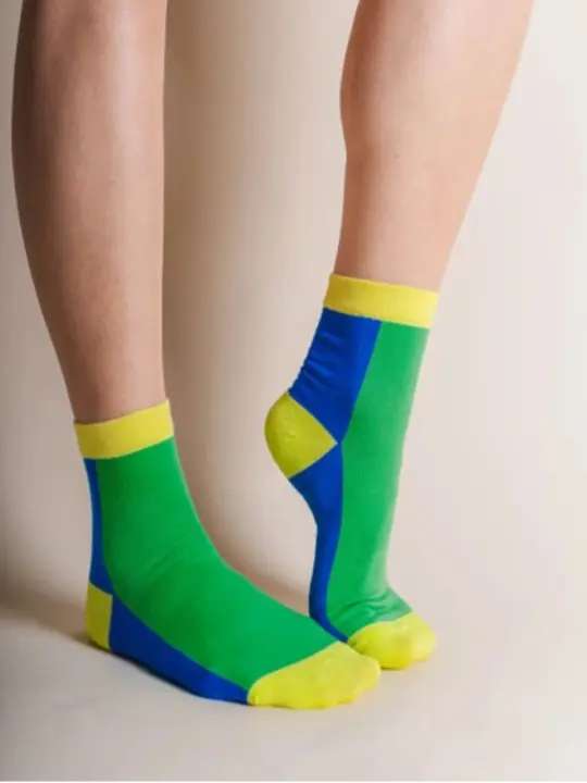 Cotton Ankle Socks - Color Block Green & Blue