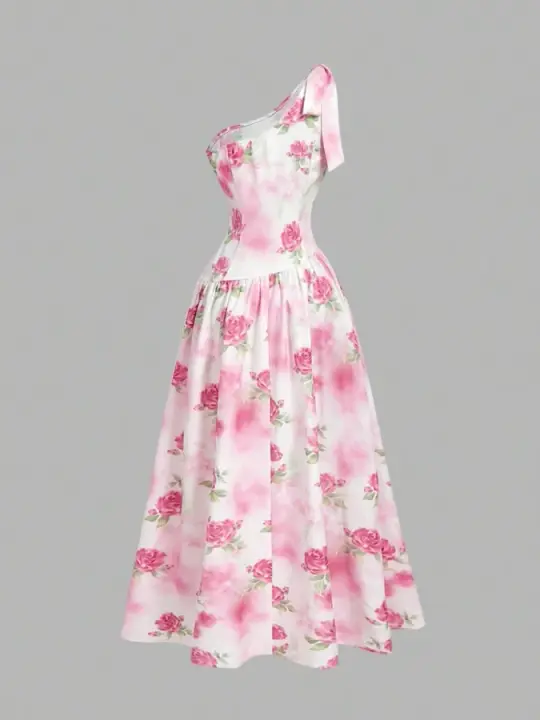 Cute Pink Prom Gown , CottageCore Silky Floral Corset Maxi Summer Dress RS1578