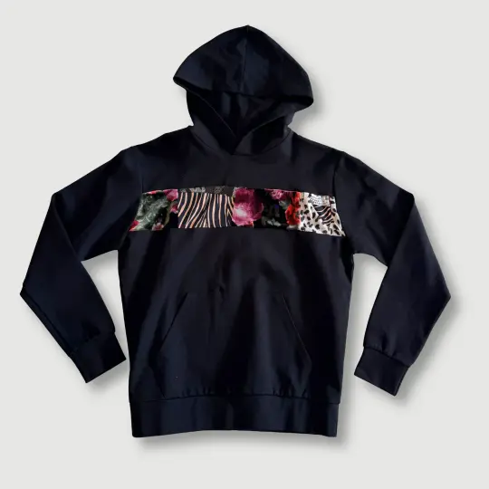 size extra small - preloved - black + mixed print stripe pullover hoodie