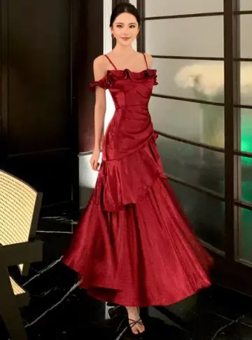 French Chic Burgundy A-Line Spaghetti Straps Dress with Cascade Birthday Dress Evening Dress RS027