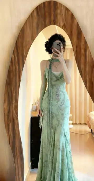 Elegant Green Mermaid Spaghetti Straps Embroidery Corset Maxi Prom Dress Cocktail Dress RS626