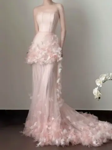 Gentle Blush Pink Mermaid Strapless Tulle Applique Corset Maxi Prom Dress Evening Dress RS616