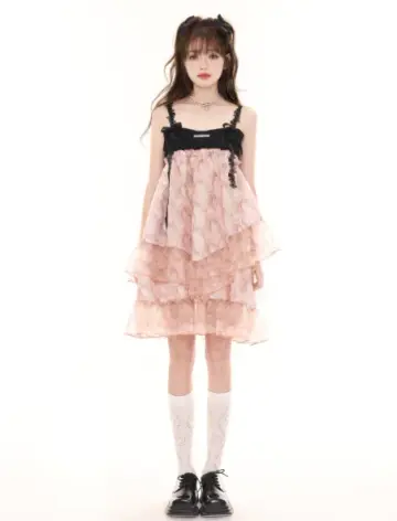 Black And Pink Tiered Ruffle Cami Dress Women With Lace Straps And Floral Print R9418