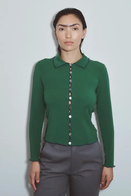 Long Sleeve Contrast Seam Tencel Rib Green/Navy
