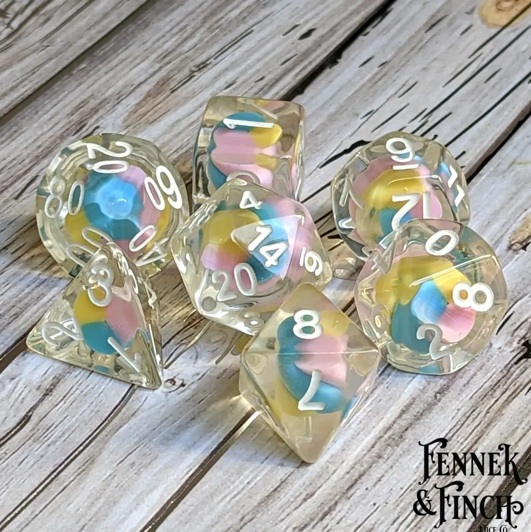 Fae Candy Swirl Dice Set – 7-Piece Tiny Candy Pieces Fey DnD Dice